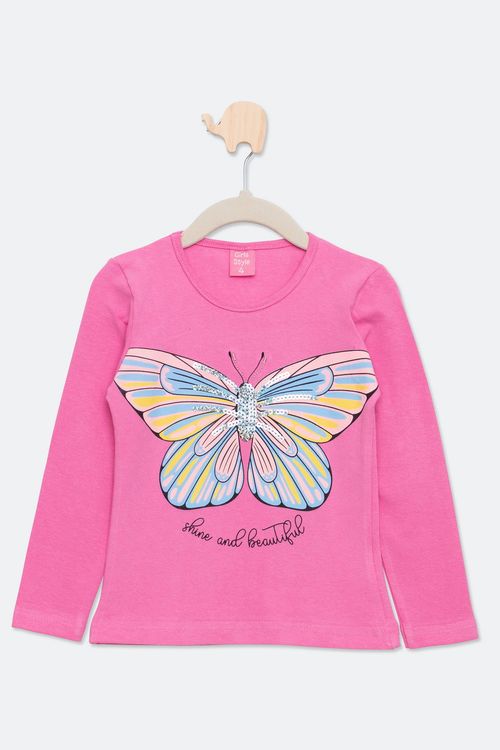 Blusa Infantil com Estampa Borboleta Pink Tam 4 a 8