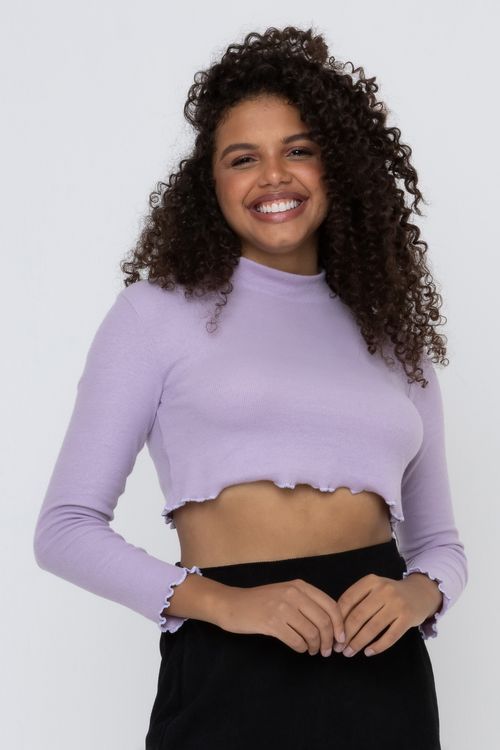 Blusa Cropped Feminina Romântico Gola Alta Ribana Lilás