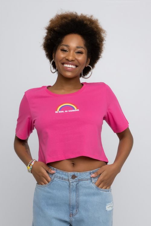 Blusa Cropped Feminina com Estampa Arco Íris Pink