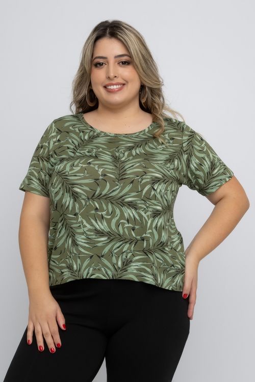 Blusa Feminina em Viscolycra Feita Pra Mim com Estampa Folhas Verde