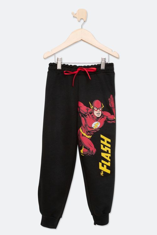 Calça Infantil em Moletom com Estampa Flash Preta Tam 4 a 10
