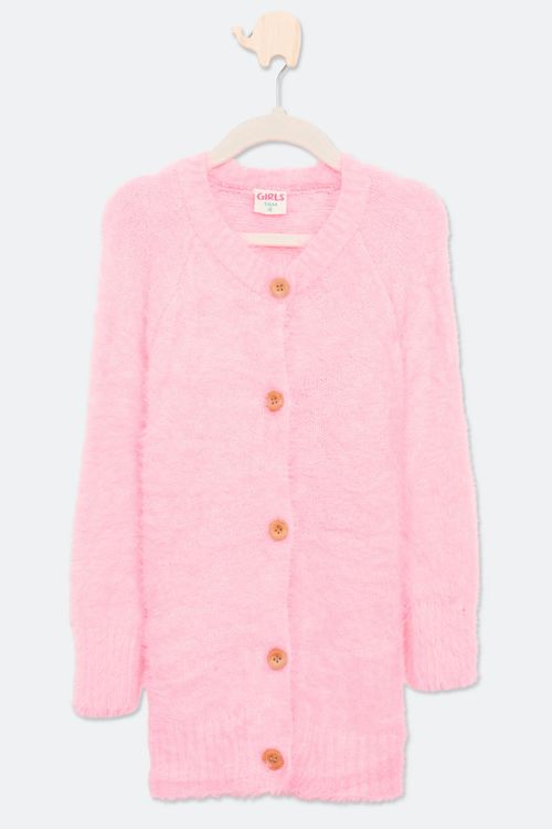 Cardigan Infantil em Tricô com Pêlo Rosa Tam 4 a 8