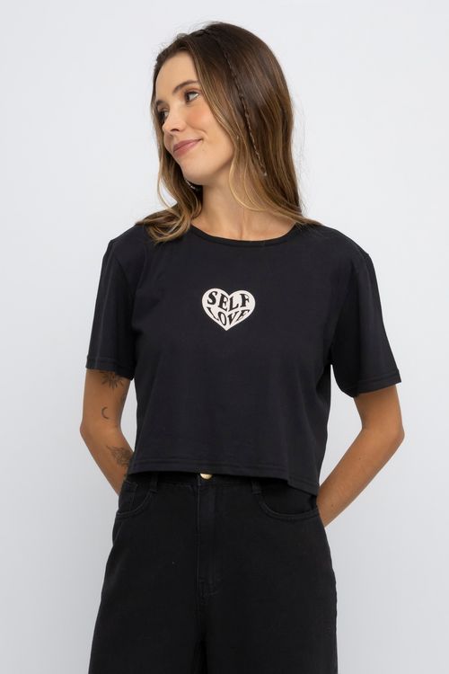 Blusa Cropped Feminina com Estampa Coração Preta