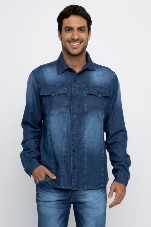 Camisa Jeans Masculina Azul Médio