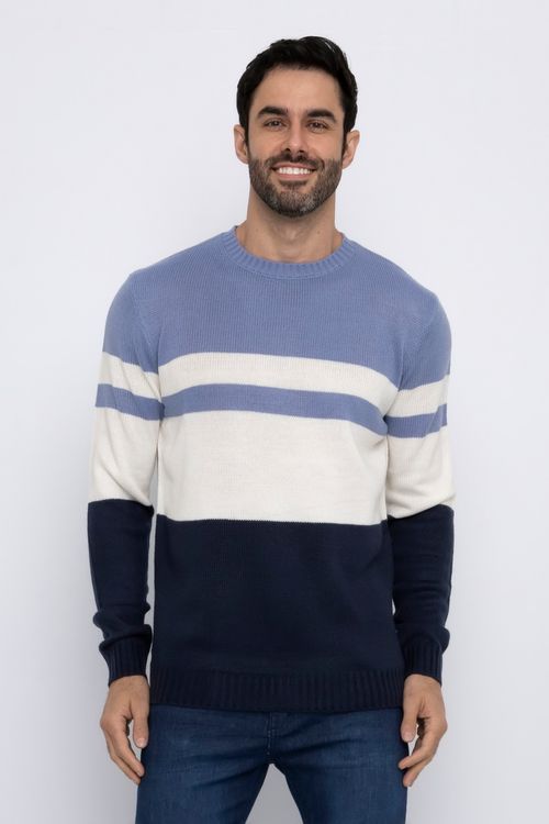 Suéter Masculino Casual Listrado Branco e Azul Marinho