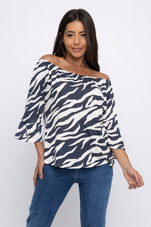 Blusa Ciganinha Feminina com Estampa Zebra Azul Marinho e Branco