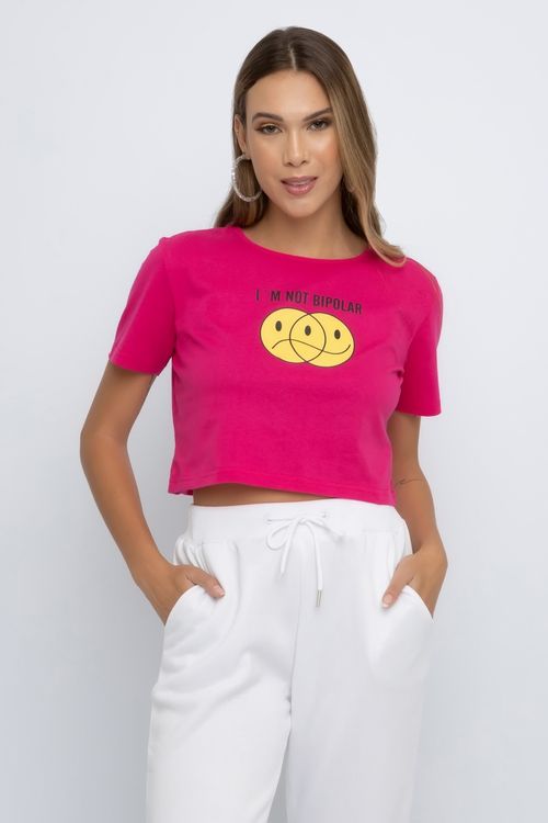 Blusa Cropped Feminina com Estampa Smile Pink