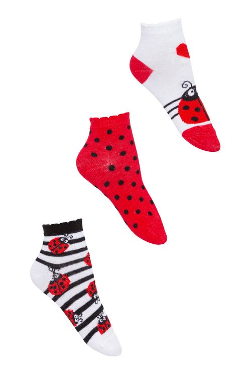Kit 3 Pares de Meias Infantis Cano Curto com Estampa Joaninha Multicor