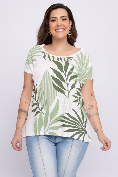 Blusa Feminina em Viscose Feita Pra Mim com Estampa Folhas Off White