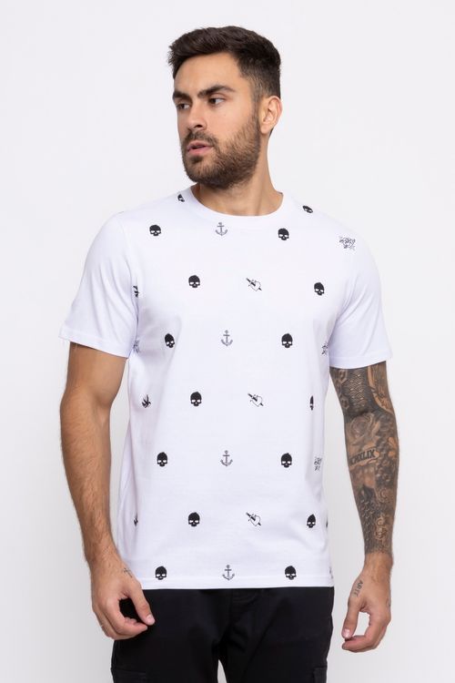 Camiseta Masculina com Estampa Caveiras Branca