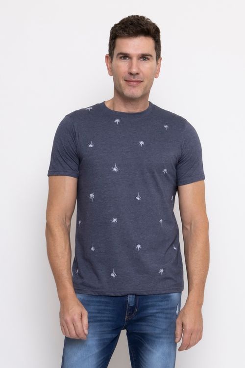 Camiseta Masculina com Estampa Coqueiros Azul Marinho