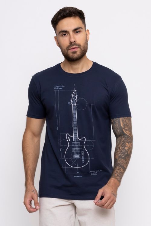 Camiseta Masculina com Estampa Guitarra Azul Marinho