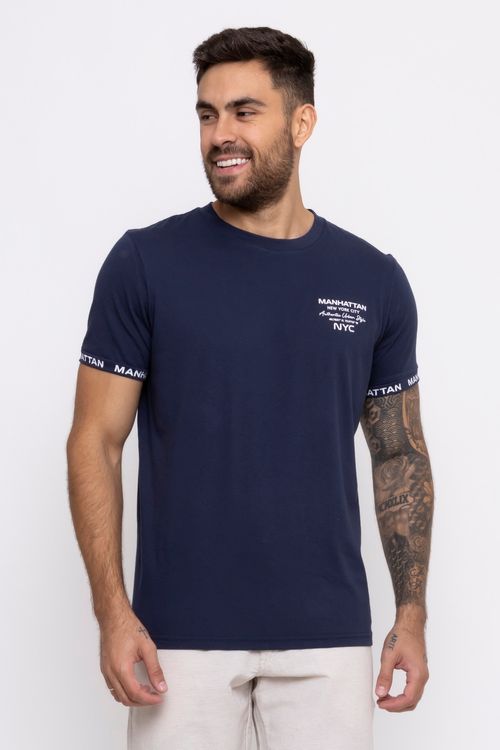 Camiseta Masculina com Estampa Lettering Azul Marinho