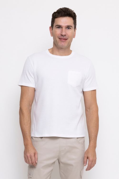 Camiseta Masculina Maquinetada com Bolso Branca