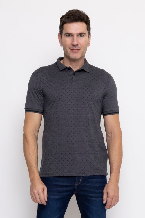 Camisa Polo Masculina em Malha Estampada Chumbo