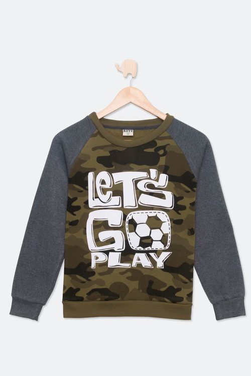 Blusão Infantil em Moletom com Estampa Play Camuflado Verde e Cinza Escuro Tam 4 a 10