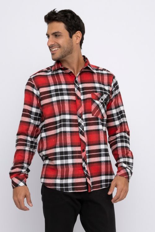 Camisa Masculina Flanelada Xadrez Vermelha e Preta