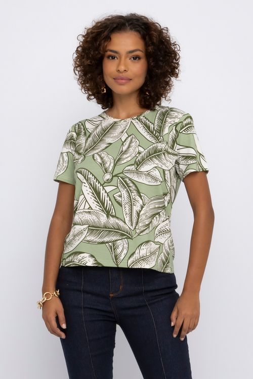 Blusa Feminina em Viscolycra com Estampa Folhagem Verde