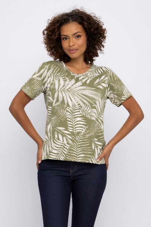 Blusa Feminina em Viscolycra com Estampa Folhas Verde