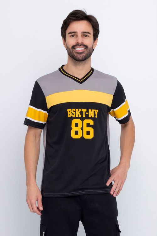 Camiseta Masculina com Estampa Basquete Mostarda e Preta