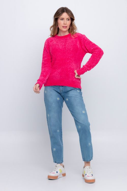 Calça Mom Jeans Feminina com Bordado Azul Médio