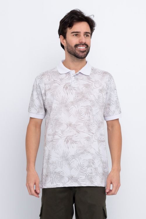 Polo Masculina em Piquet com Estampa Folhas Branca