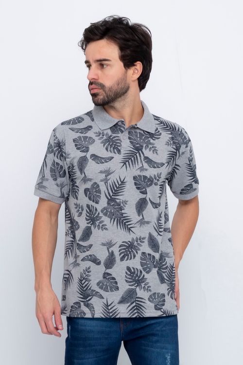 Polo Masculina em Piquet com Estampa Folhas Mescla
