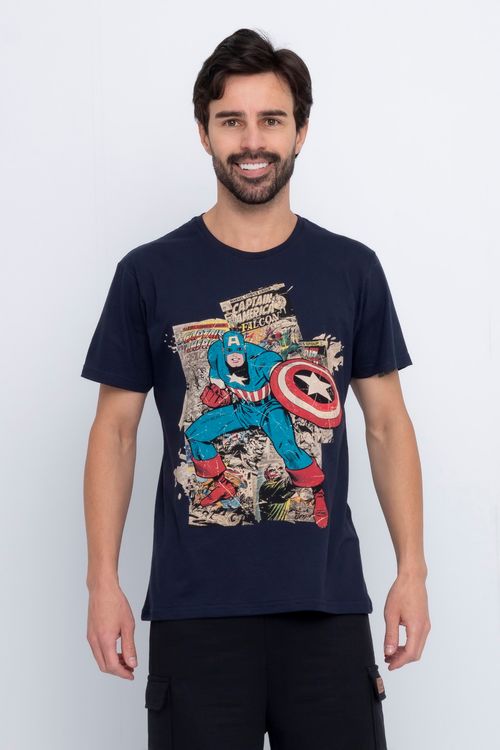 Camiseta Masculina com Estampa Capitão América Azul Marinho