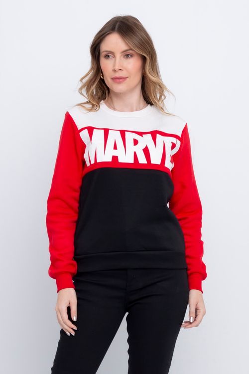 Blusão Feminino em Moletom com Estampa Marvel Preto Branco e Vermelho