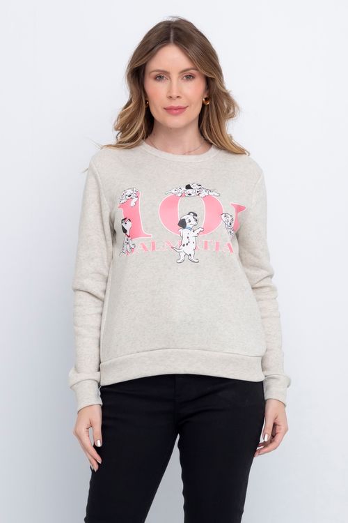 Blusão Feminino em Moletom com Estampa 101 Dálmatas Bege