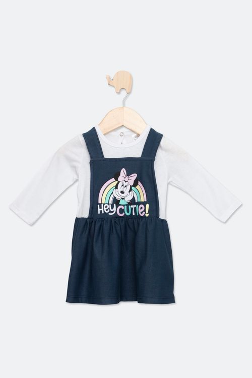 Salopete Infantil Bebê em Malha Jeans com Estampa Minnie Branco e Azul Tam P ao G