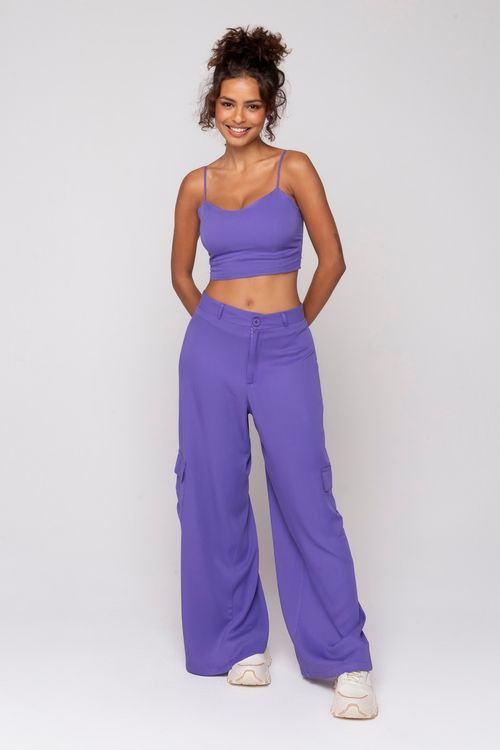 Calça Wide Leg Feminina Texturizada Violeta