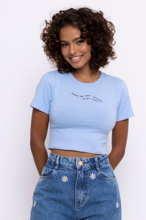 TOP FEM PROMO MC COTTON BE HAPPY - AZUL CLARO