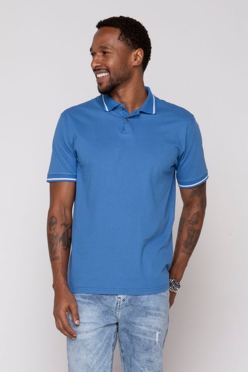 Camisa Polo Masculina em Malha Dots Azul