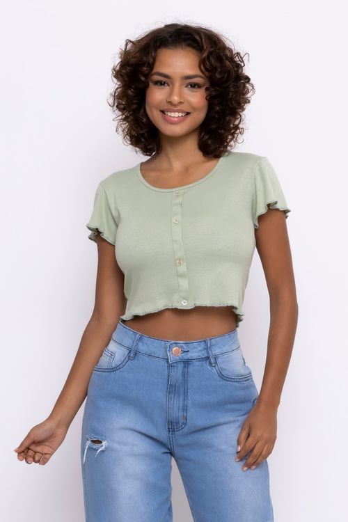 Blusa Cropped Feminina em Ribana Verde Claro