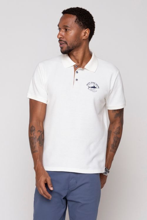 Polo Masculina Casual em Malha com Bordado Branca