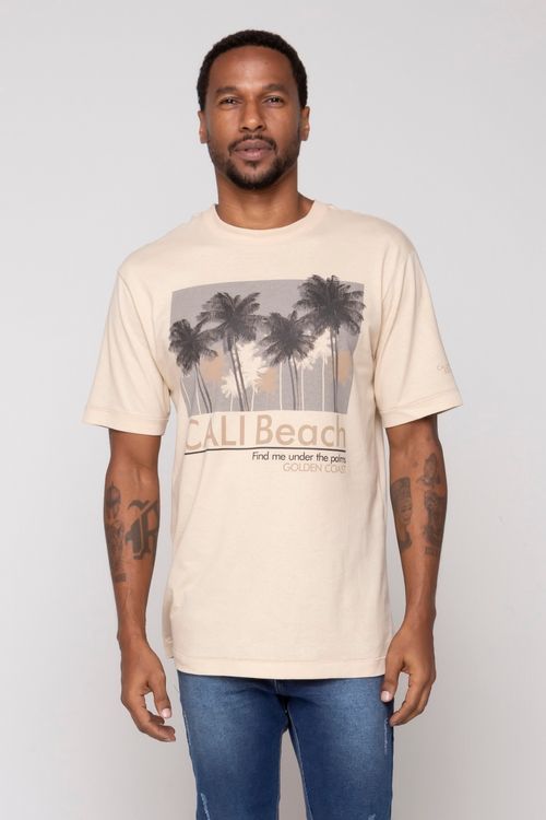 Camiseta Masculina em Malha Pesada com Estampa California Bege