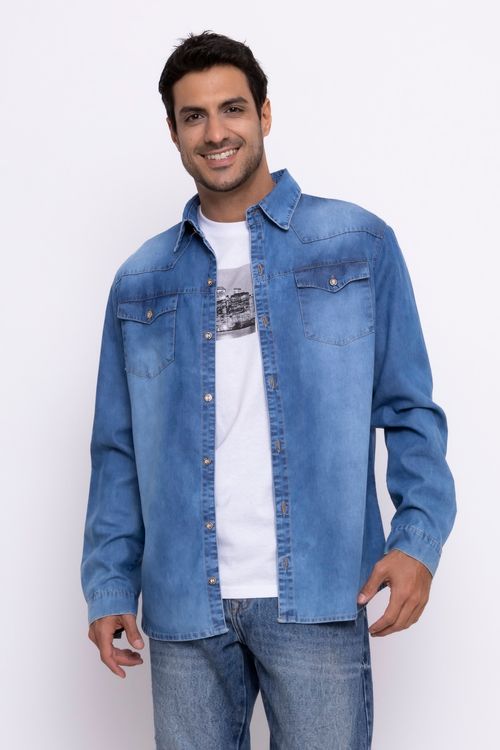 Camisa Jeans Masculina Azul Médio