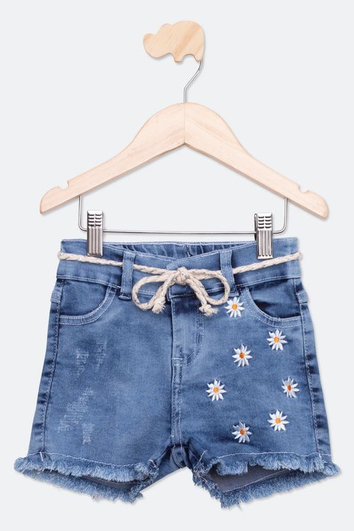 Shorts Jeans Infantil com Bordado Azul Médio Tam 4 a 8