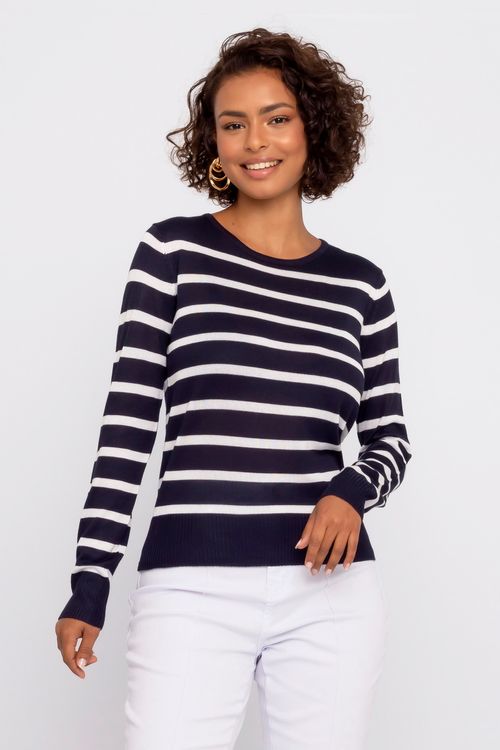 Suéter Feminino Listrado Azul Marinho e Branco