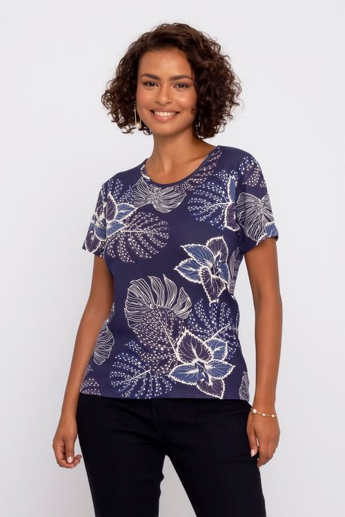 Blusa Feminina Casual em Viscolycra com Estampa Folhagem Roxa