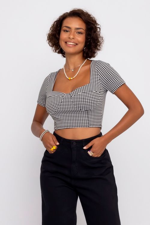 Blusa Cropped Feminina com Estampa Vichy Preto e Branco