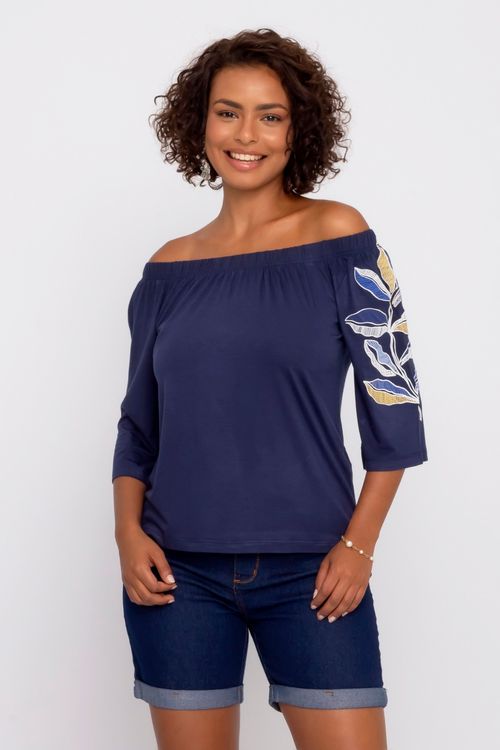 Blusa Ciganinha Feminina com Estampa Folhas Azul Marinho