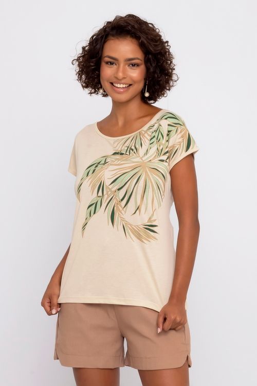 Blusa Feminina Casual em Viscose com Estampa Folhas Bege