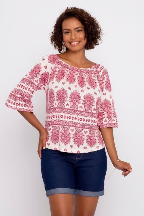 Blusa Ciganinha Feminina com Estampa Paisley Vermelho e Branco
