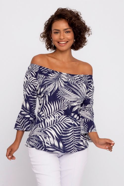 Blusa Ciganinha Feminina com Estampa Folhas Azul Marinho