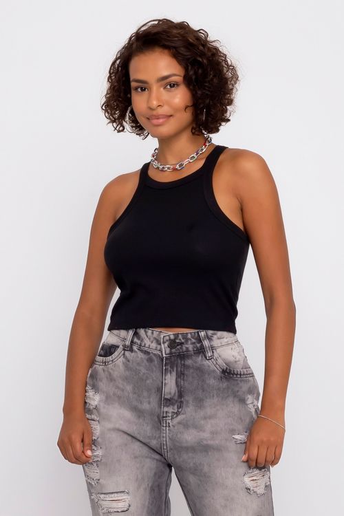 Regata Cropped Feminina em Ribana Preta