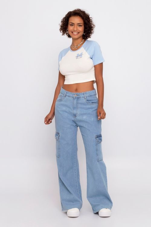 Calça Jeans Feminina Wide Leg Cargo Azul Claro