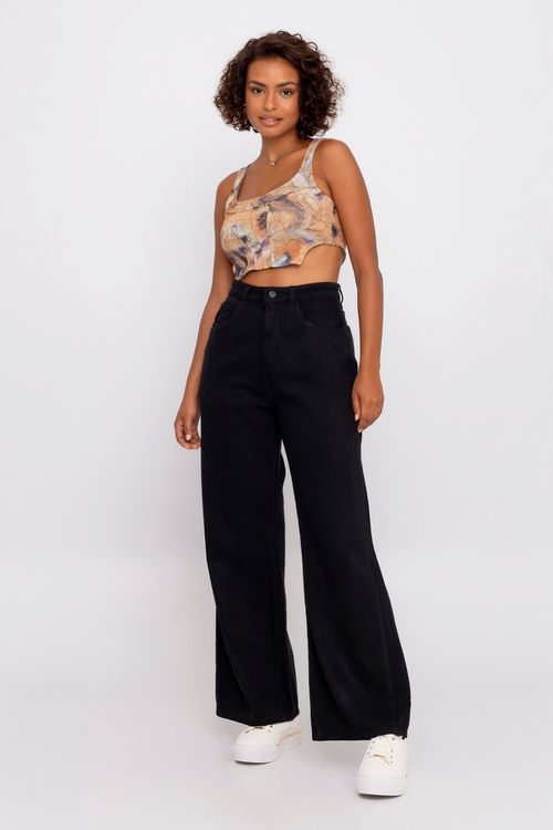 Calça Wide Leg Feminina em Sarja Preta