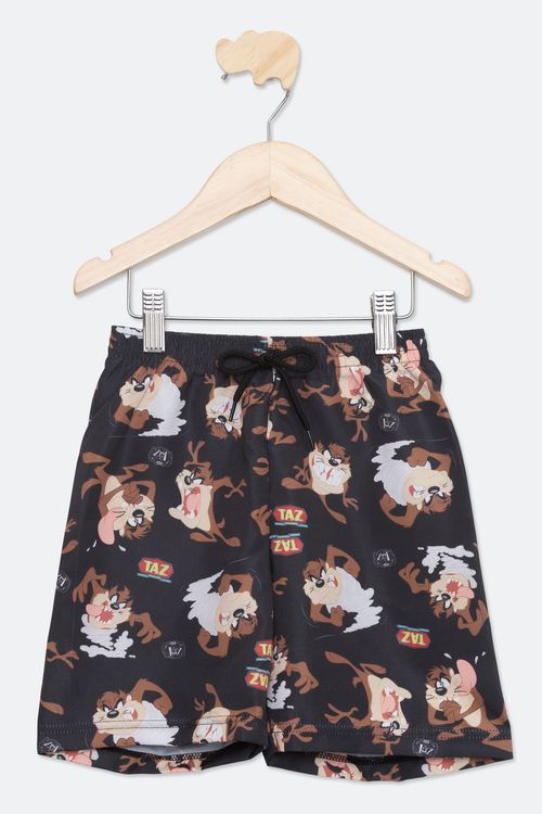 Shorts Infantil em Tactel com Estampa Taz Looney Tunes Preto Tam 4 a 10